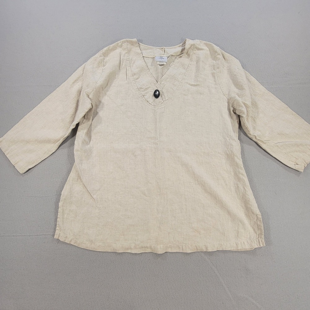 Vintage Hot Cotton Linen Blouse Women's XL Tan V Neck 3/4 Sleeve Top Made In USA - Picture 3 of 9